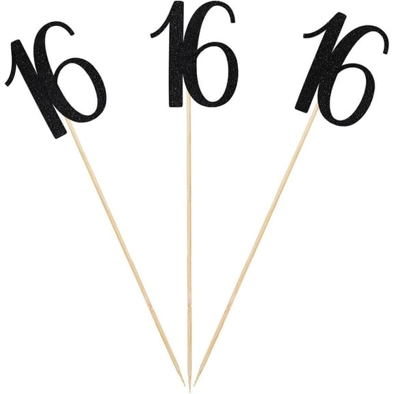 Black Glitter 16th Birthday Centerpiece Sticks, 12-Pack Number 16 Table Topper Anniversary Party Decorations