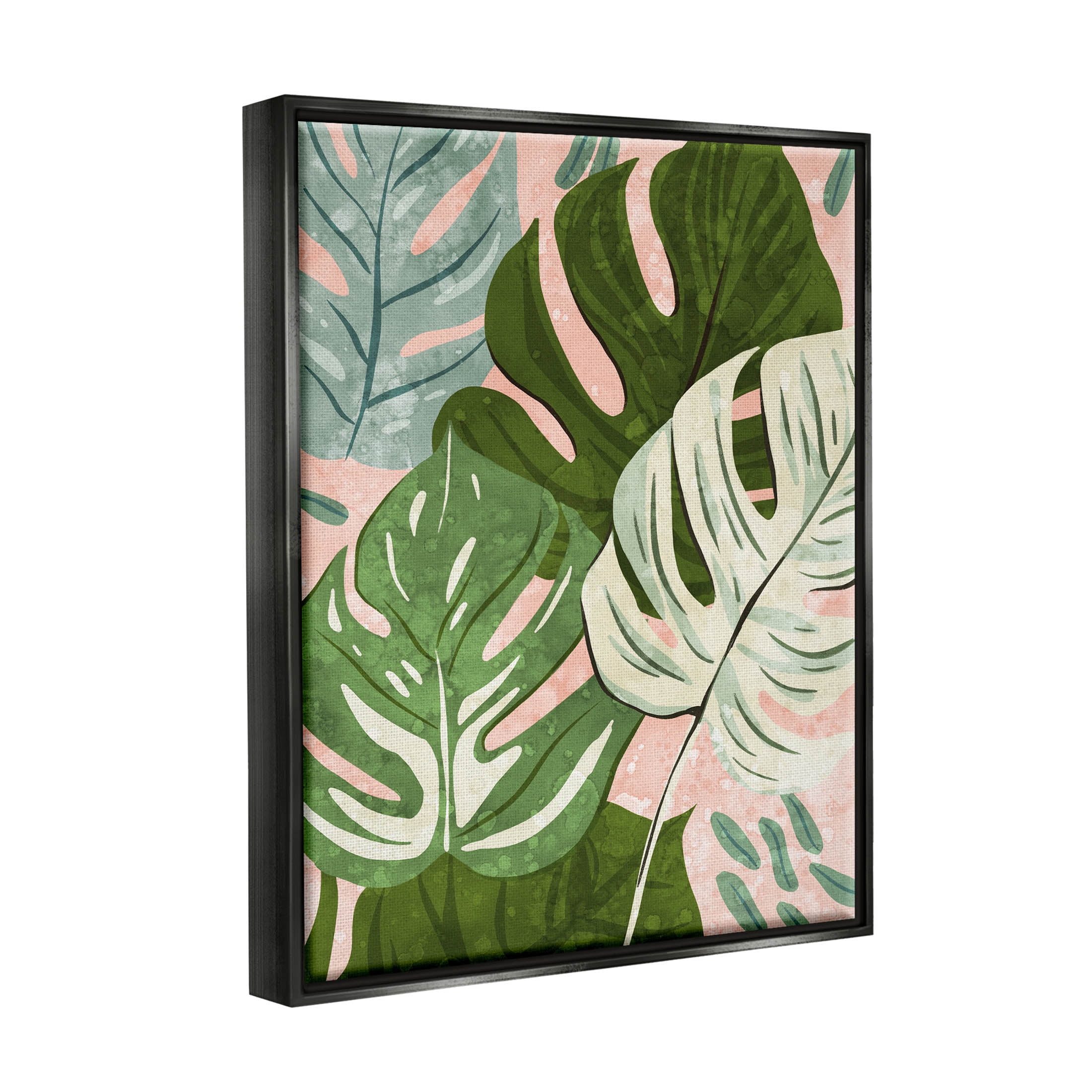 Layered Monstera Plant Leaves Botanical & Floral Graphic Art Jet Black Framed Art Print Wall Art