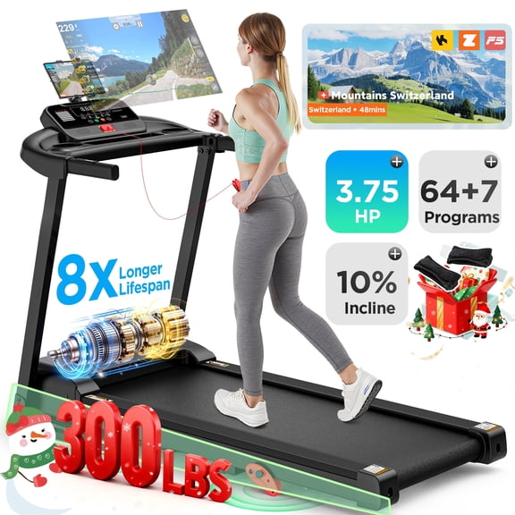 300LBS Capacity Folding Treadmill w/ Incline for Home, 3.75HP Portable Treadmill, 64 3 3 1 Program, Wide Shock Absorption Belt, Walking Running Exercise Machine