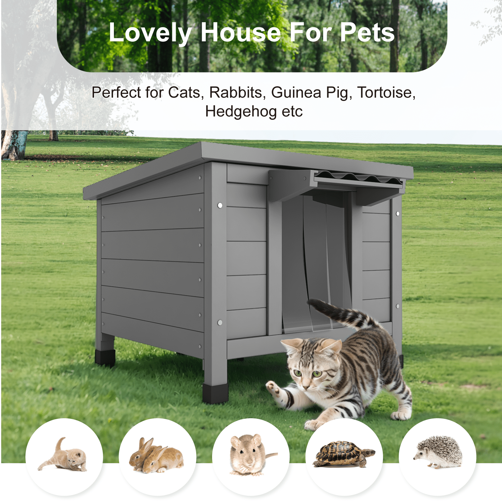TIMHAKA Outdoor Cat House, Weatherproof Shelter for Cats, Dogs & Rabbits, Durable Shelter for Garden, Patio & Backyard, Gray