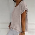 thumbnail image 4 of Plus Size Women's Solid Loose Fit Short Sleeve Round Neck Ruffle Pleated Linen Casual Blouse Shirt Comfy Breathable Work Office Outfits | CSEONE,Khaki 2XL, 4 of 8
