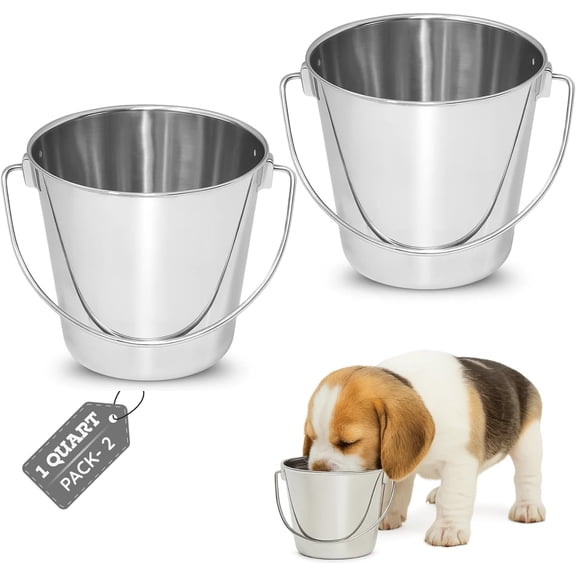 1Qt Stainless Steel Hanging Water Bucket for Dog Kennel 2-Pack Food & Water Pail, 0.25 Gallon Capacity, Heavy-Duty, Round Design with Carry Handle, Ideal for Dogs, Cats, Birds & Small Pets