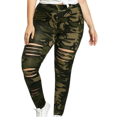 LoveVkk Women's Plus Size Holes Camo Bodycon Pants