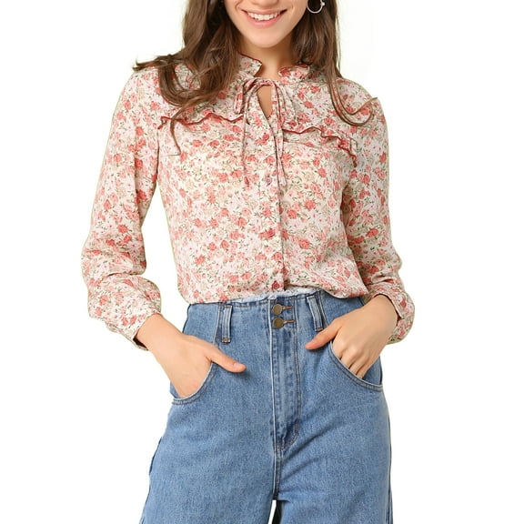 INSPIRE CHIC Women's Floral Tie Ruffle Neck Blouse Button Down Long Sleeves Top M White