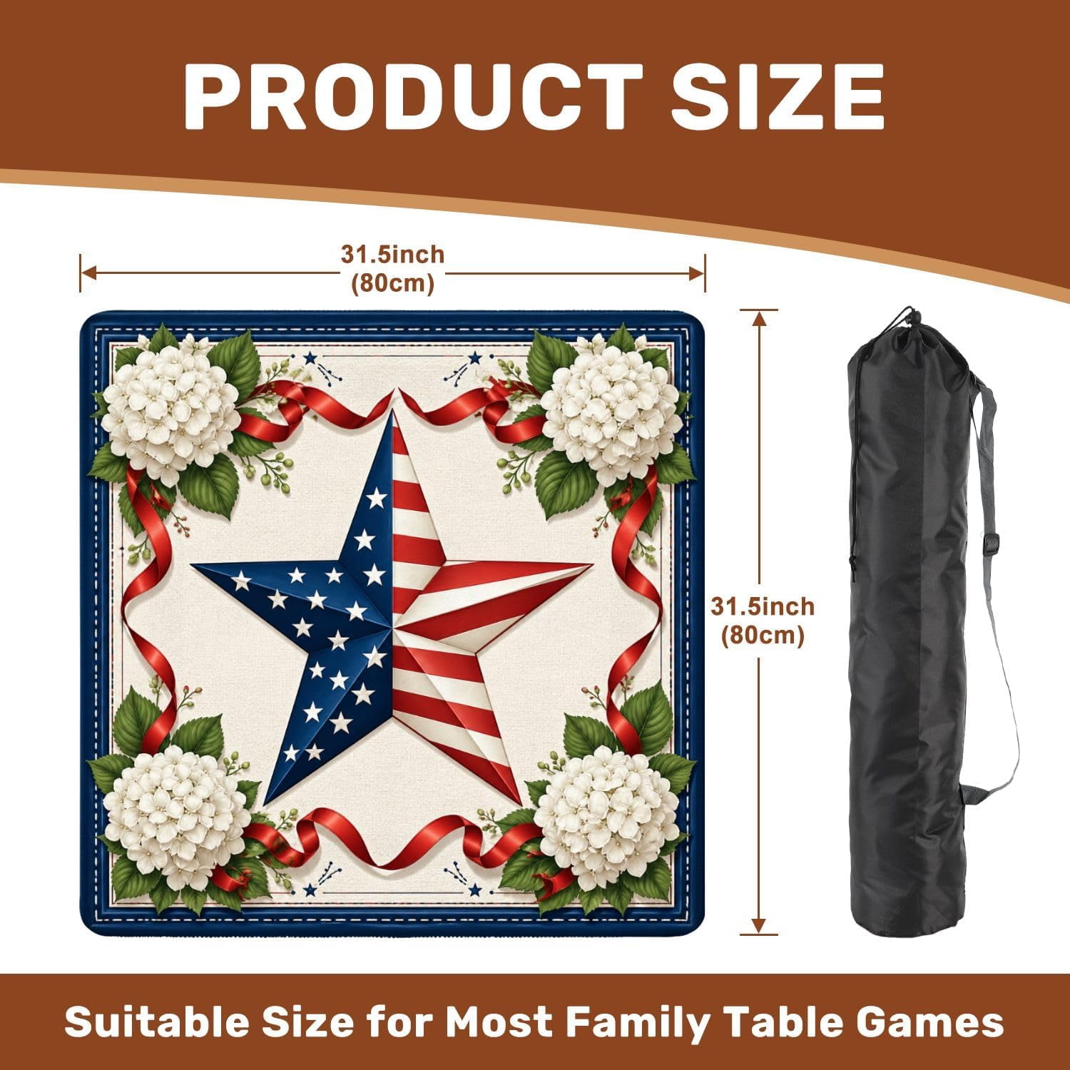Mahjong Mat with Carrying Bag 31.5" x 31.5" Non-Slip Noise Reduction Patriotic American Flag Star Red Ribbons White Table Mat for Mahjong Board Game Tile Games Independence Day Decorations