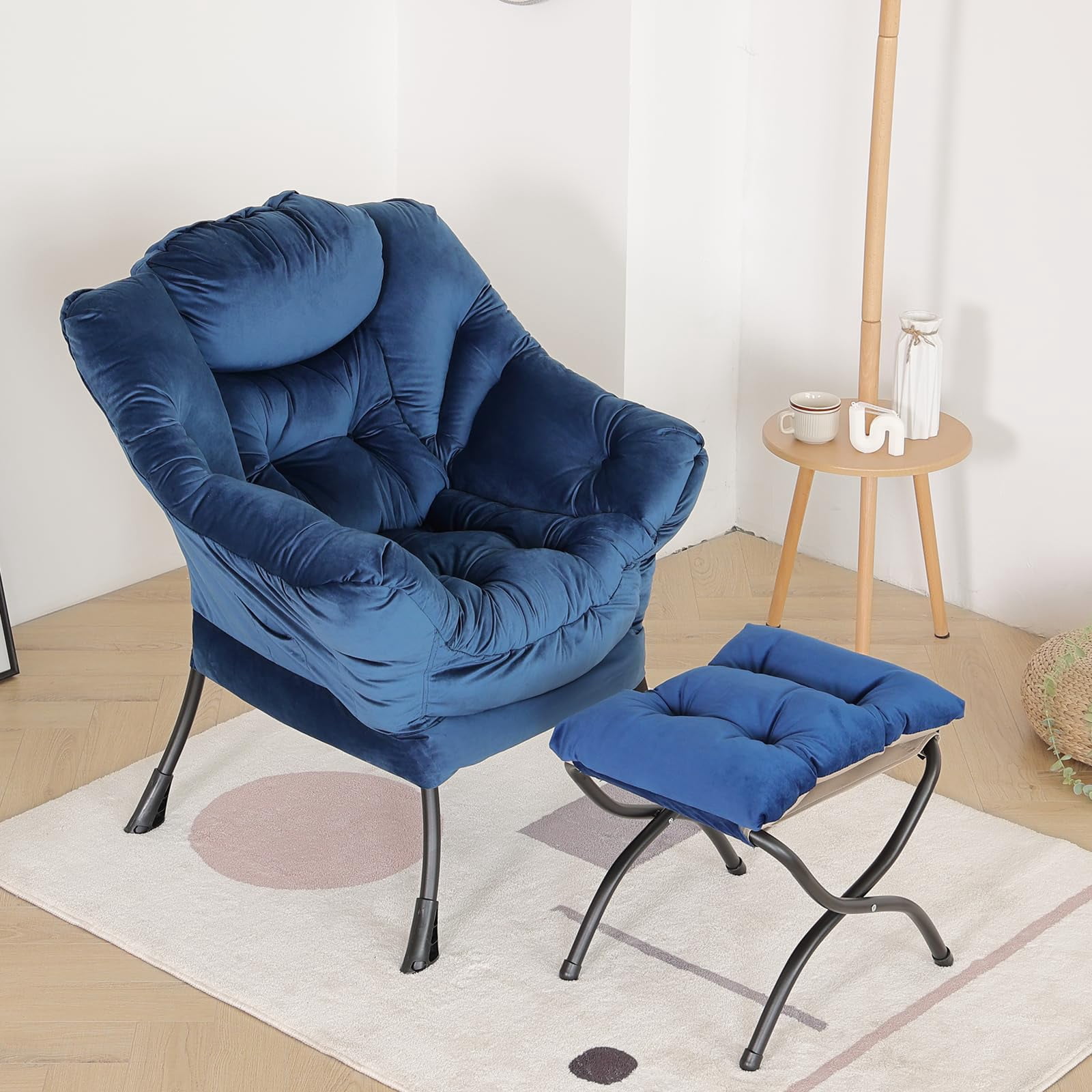 Aukfa Accent Chair with Ottoman,Lazy Lounge Chair with Arm,Side Pocket for Living Room, Blue