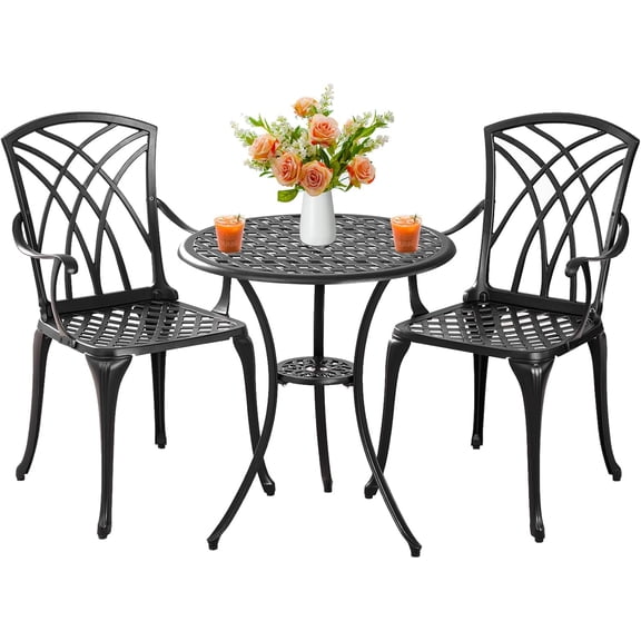 Outdoor 3 Piece Bistro Set Cast Aluminum Bistro Table and Chairs Set of 2, All Weather Bistro Patio Set, Patio Furniture for Garden Black