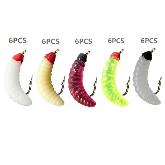 30pcs Vibrant Artificial Maggot Fly Fishing Lures, Realistic Wet Trout Worm Bait with Sharp Hooks, Silicone/Carbon Steel