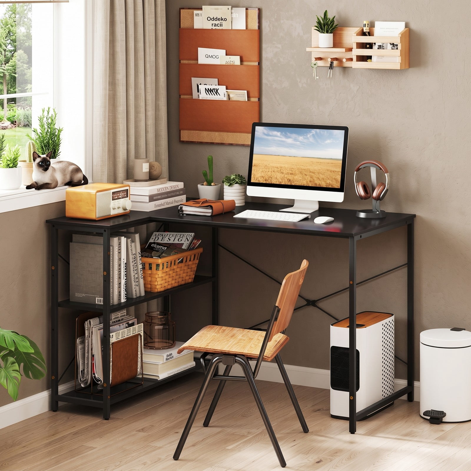 Furnibear L Shaped Desk with Charging Station and Adjustable Shelves, 47 Inch Reversible Corner Computer Desk for Home Office, Black