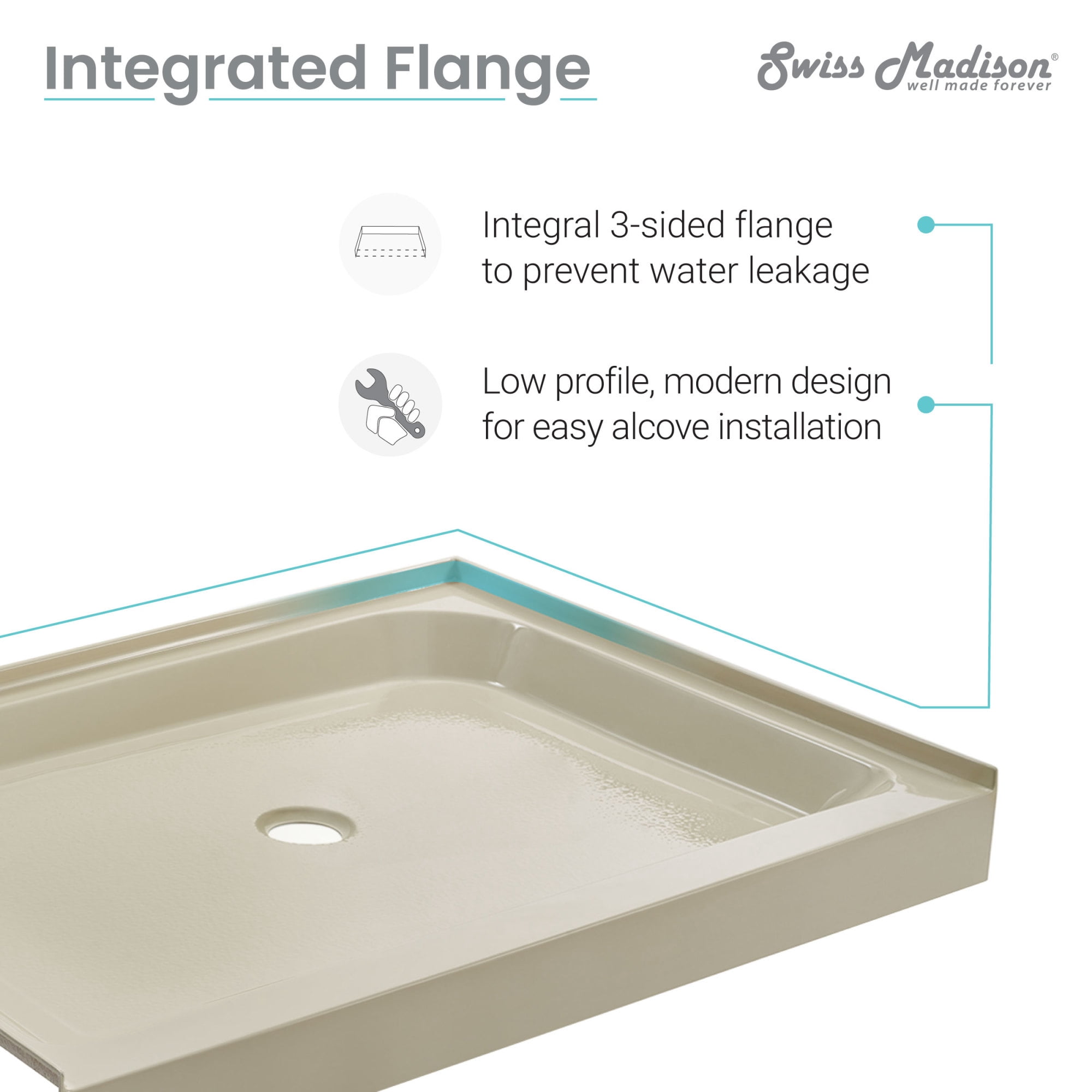 Voltaire 48" x 32" Acrylic White, Single-Threshold, Center Drain, Shower Base