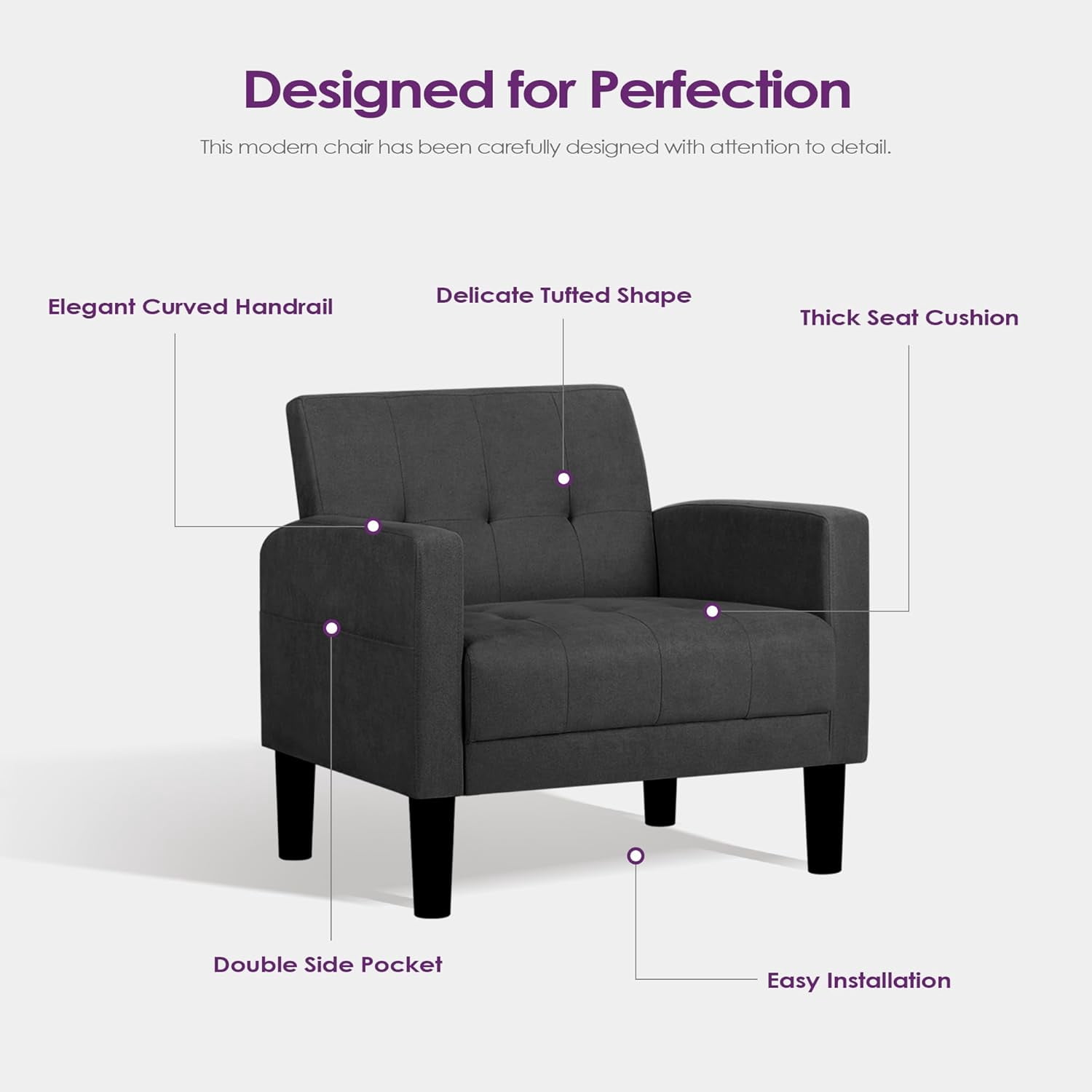 Coewske Mid-Century Fabric Tufted Accent Chair for Office, Living Room, Dark Grey