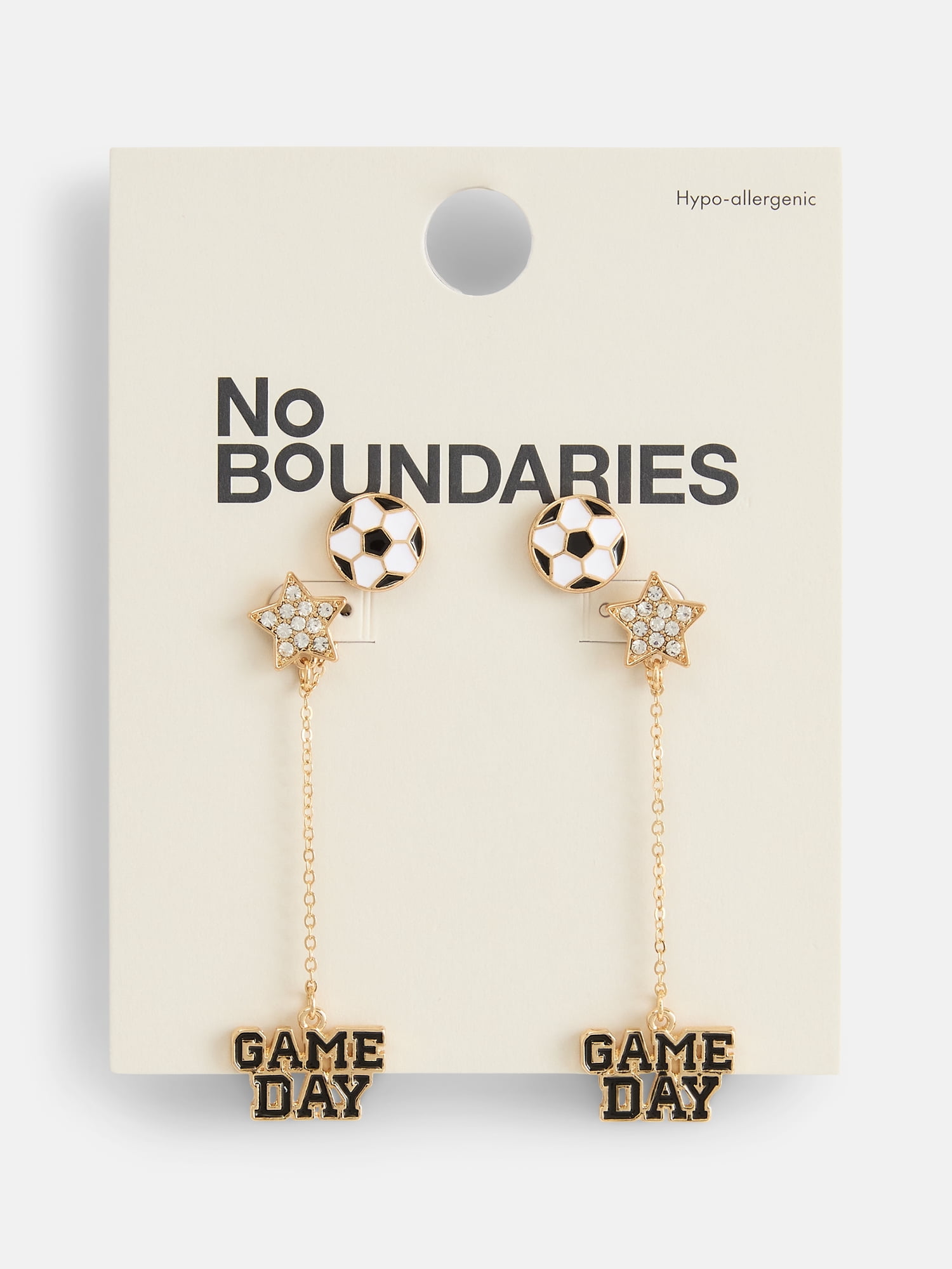 No Boundaries Women's Gold Tone Game Day Soccer Studs and Star Drop Earrings Set, 2 Pairs