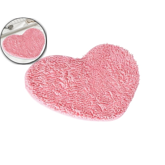 Small Heart Shaped Chenille Bath Mat Soft Absorbent Plush Microfiber Bathroom Rug Machine Washable Shaggy Mat Carpet for Shower, Bedroom, Bathtub