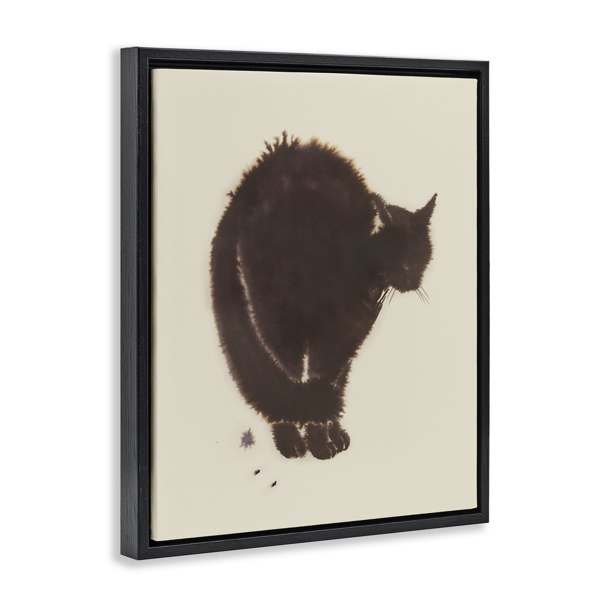 Stupell Industries Minimal Cat on Beige Animals Painting Black Floater Framed Canvas Art Print Wall Art, 17 x 21
