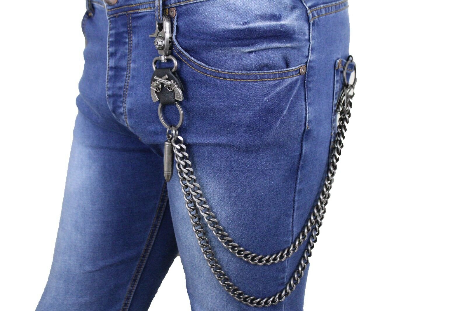 Mens Silver Metal 2 Strands Wallet Chain Key Jean Chain Skeleton Skull Clasp Gunmetal Gray