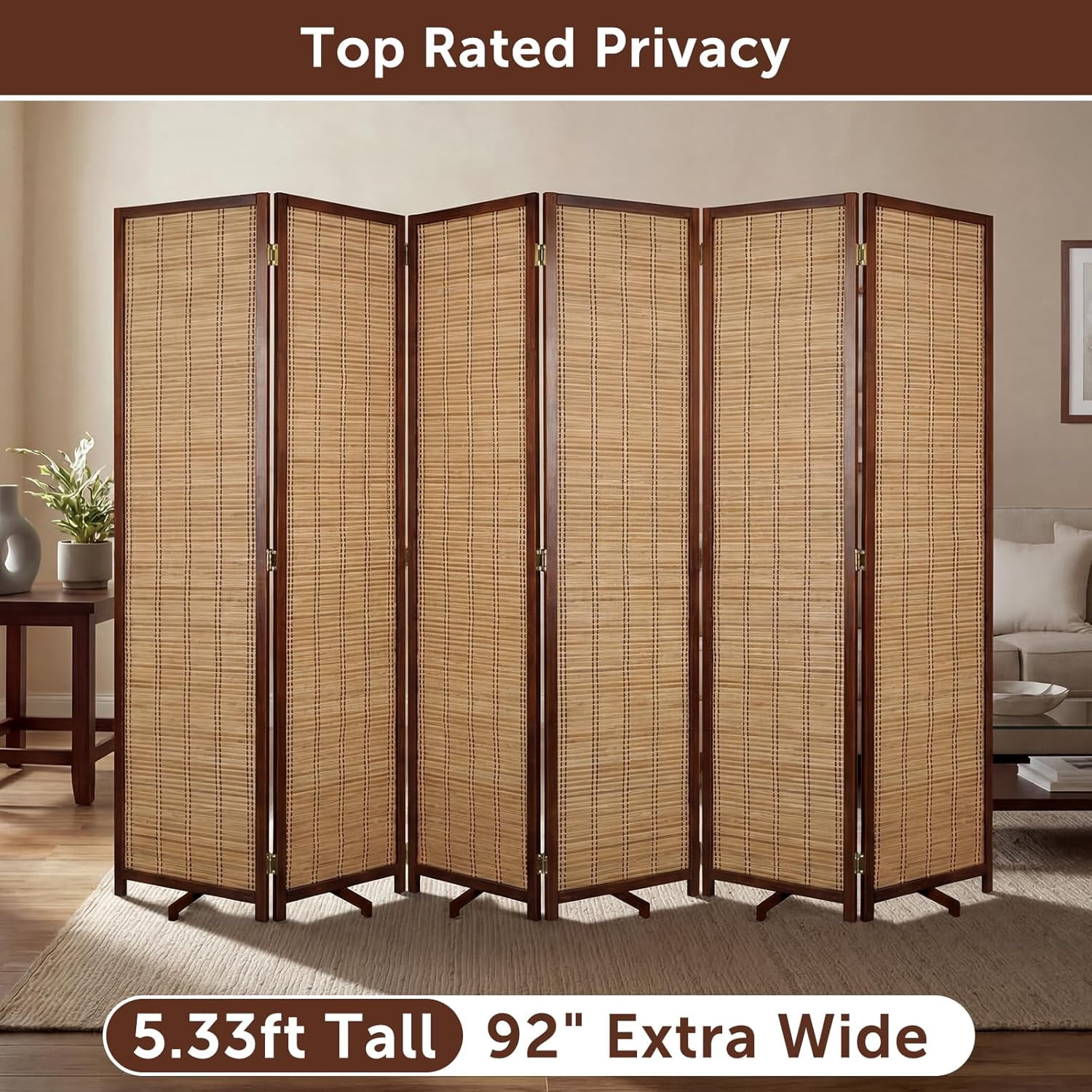 Olela Room Divider Bamboo, 6 Panels Folding Screens for Privacy, 5.4ft Height Wall Divider for Room Separation, Freestanding Privacy Partition for Living Room, Bedroom & Office,64" H x 92" W