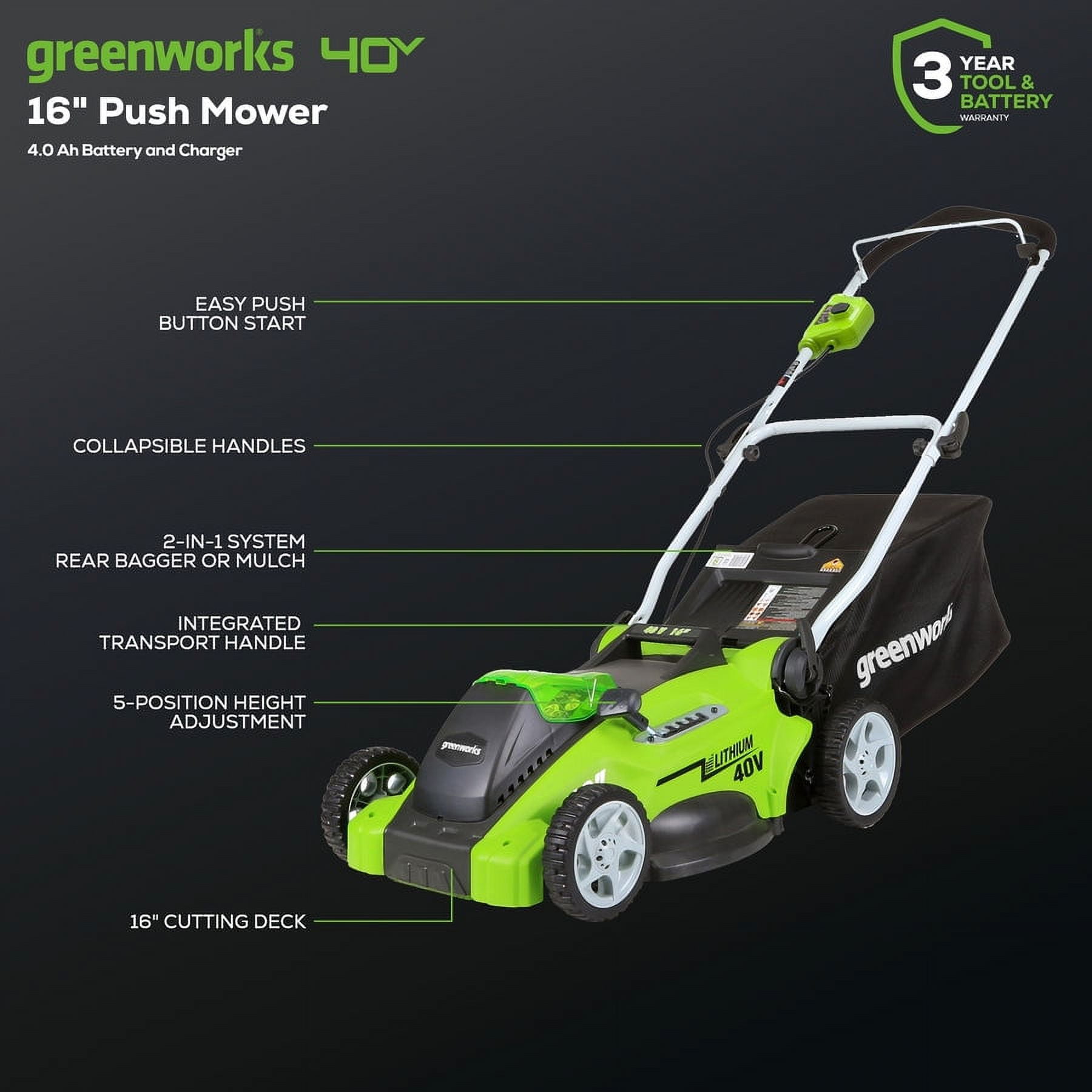 Greenworks 40 Volts 16 in Cordless Push Lawn Mower with 1 Lithium Ion Battery 2524002CA