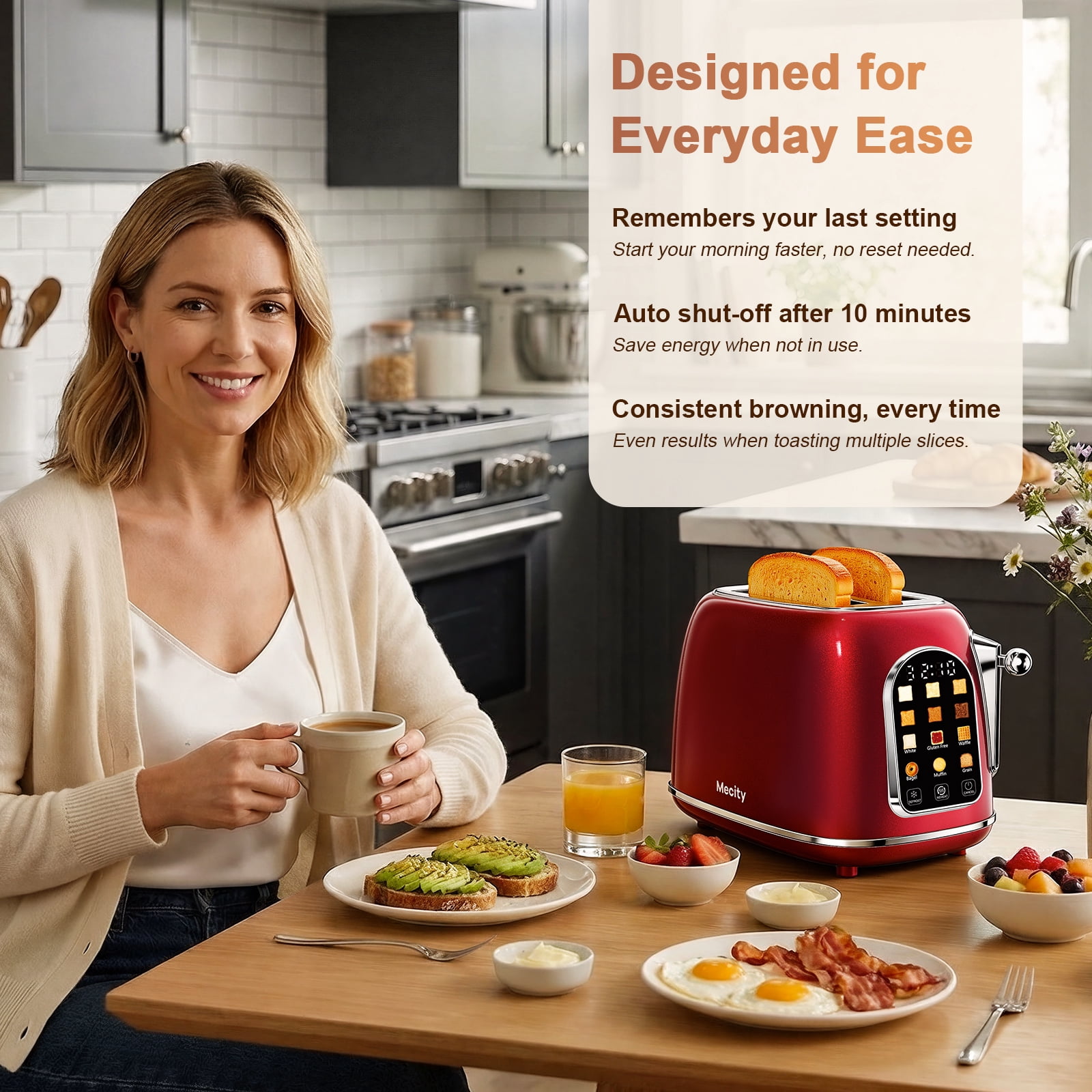 Mecity Easy Touch Screen Toaster 2 Slice – Retro Wide Slot Stainless Steel Toaster with Large Display, 6 Browning Levels, Bagel, Defrost & Reheat, Removable Crumb Tray, Red Pearl