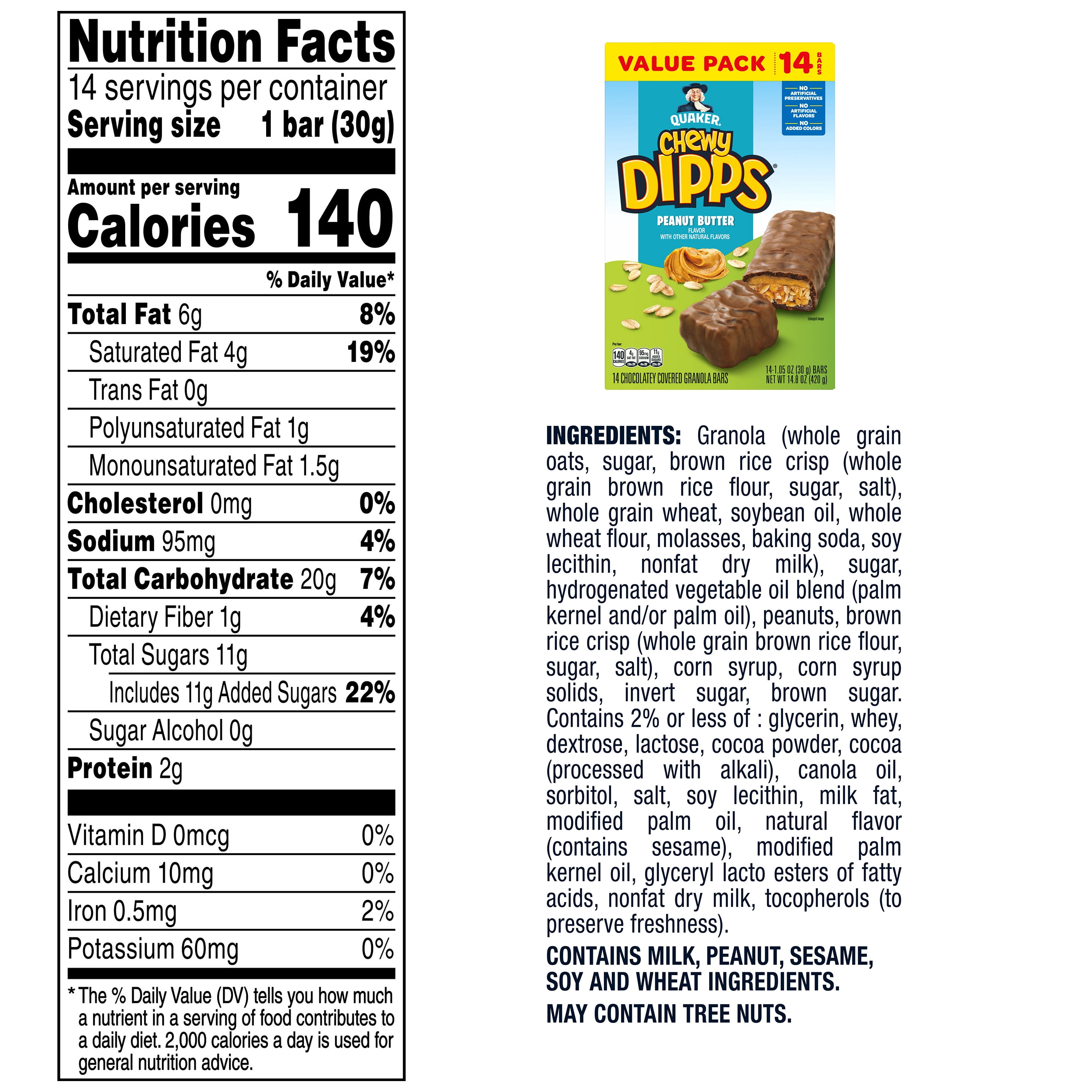 (6 pack) Quaker Chewy Dipps Chocolatey Covered Peanut Butter Granola Bars, 14.8 oz 14 Count