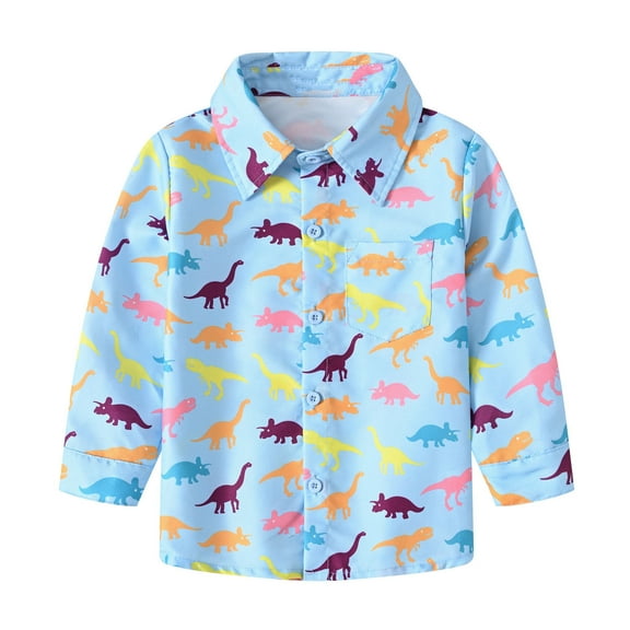 Odeerbi Kids Boys Girls Shirt Fall Winter Dinosaur Print Button Down Shirts Jacket Long Sleeve Turndown Neck Jacket Printed Clothing Outwear Kids Clothes Blue