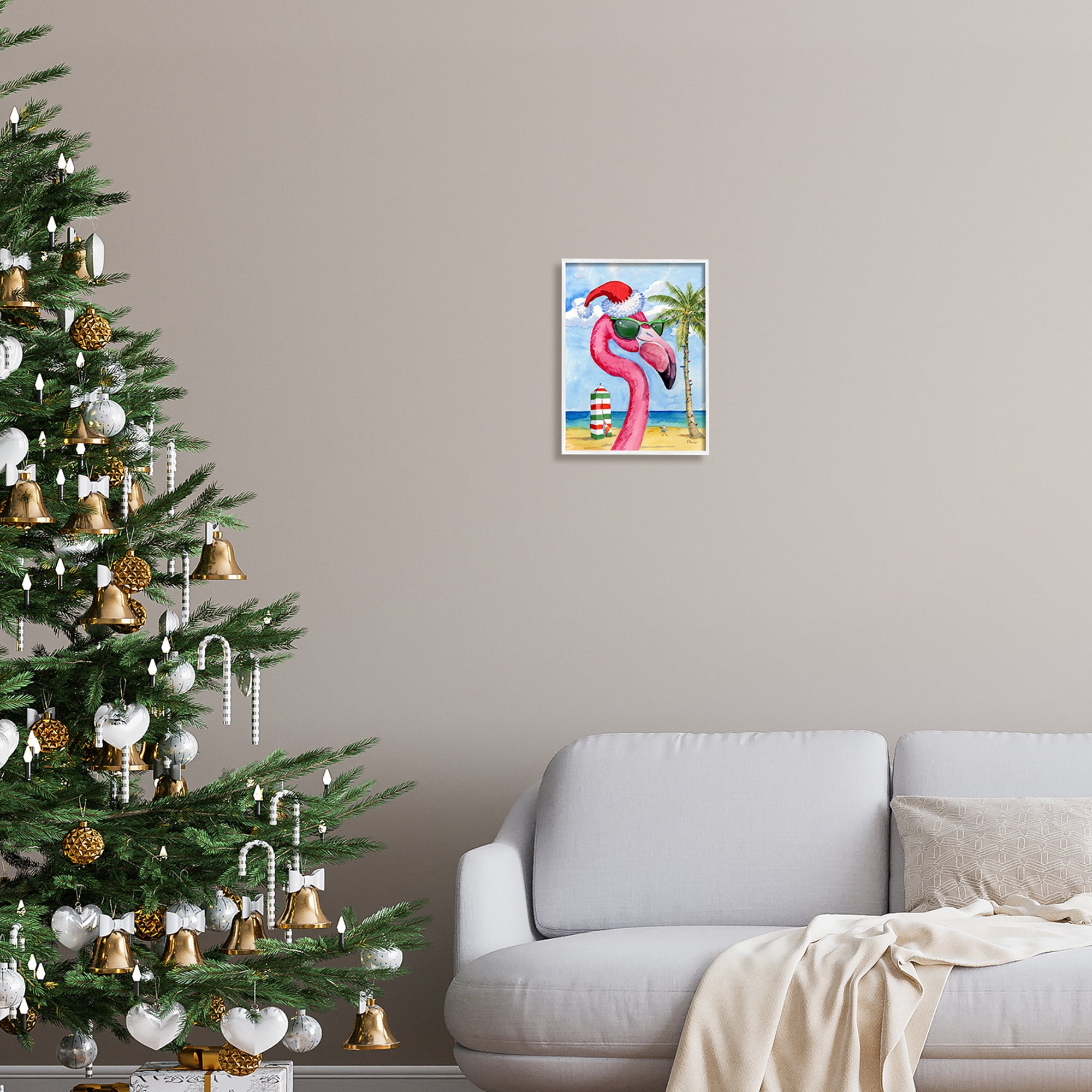 Stupell Industries Flamingo Tropical Christmas Holiday Painting White Framed Art Print Wall Art, 11 x 14