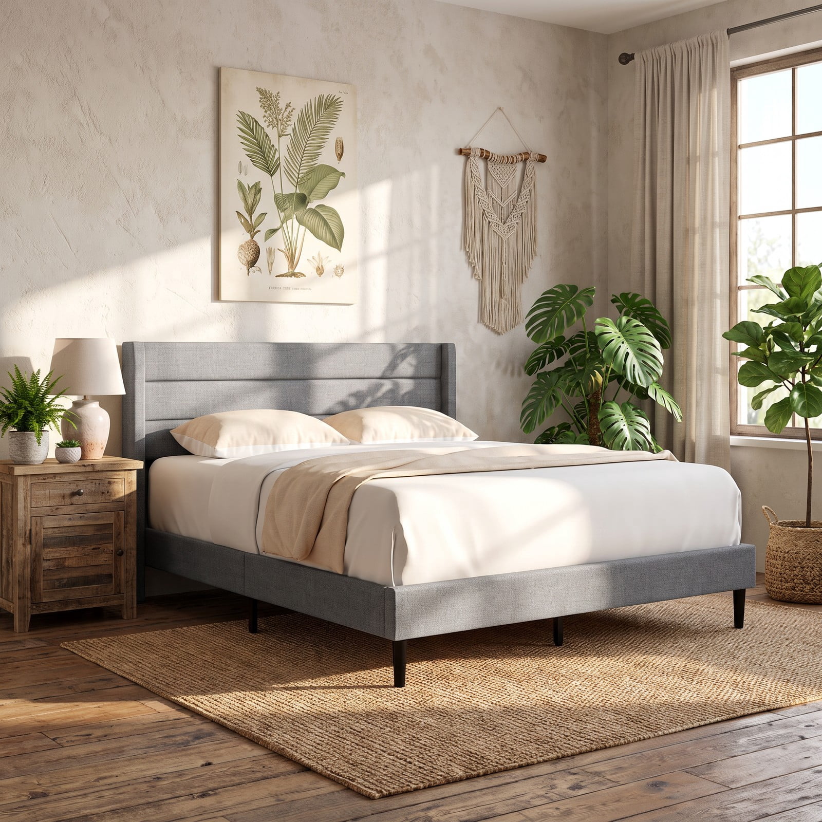 Furnibear Queen Bed Frame with Headboard, Linen Upholstered Platform Bed Frame with Wingback Channel Headboard and Wood Slats, Gray