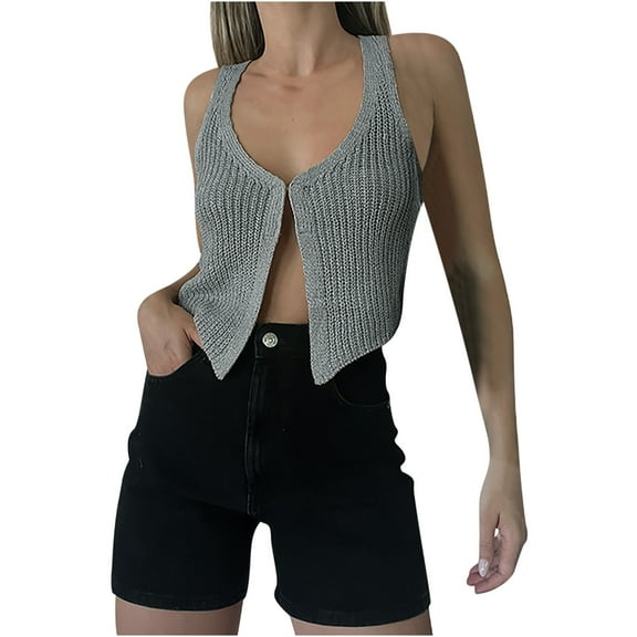Virmaxy Womens Stylish Outfit 2 Piece Set Alluring Woolen Cardigan Vest Fashion Alluring New Solid V-Neck Vest Sleeveless Loose Top Ladies Vest Gray Xs