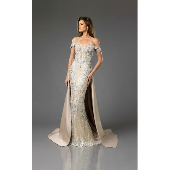 Women's Terani Couture 251E3233 Champagne Goldish Beige Off the Shoulder Prom 2026 Dress | Long Beaded evening elegant Gown 10
