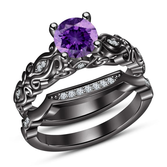 Silver & Stone Jewels Women's Round Cut Purple Cubic Zirconia 14K Black Gold Finish Bridal Ring Set
