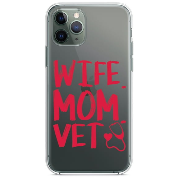 DistinctInk Clear Shockproof Hybrid Case for iPhone 13 Pro MAX (6.7" Screen) - TPU Bumper Acrylic Back Tempered Glass Screen Protector - Wife. Mom. Vet.