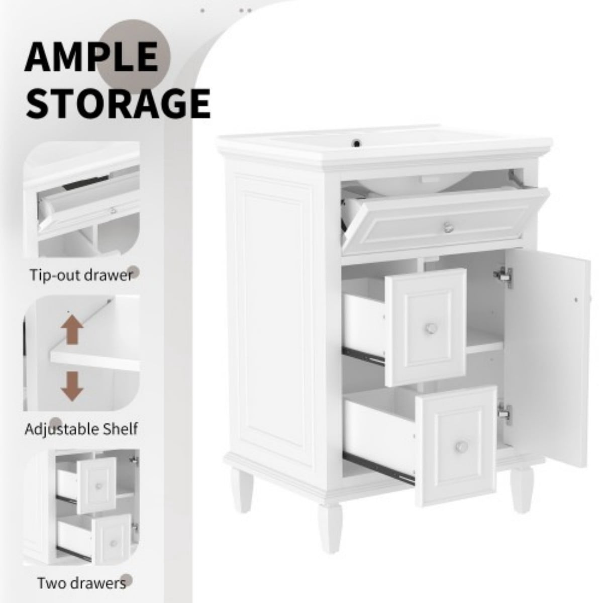 24" Bathroom Vanity with Sink, Modern Bathroom Vanity Cabinet with Flip Drawer, 2 Drawers, Adjustable Shelf, Solid Wood & MDF, White