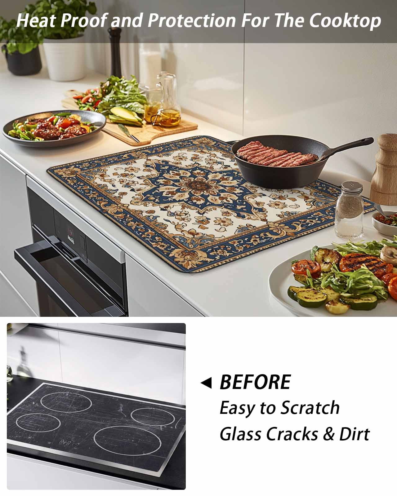 Stove Top Covers for Electric Stove, Boho Ethnic Glass Stovetop Cover Protector, Vintage Bohemian Traditional Floral Classic Induction Cooktop Protector Oven Mat for Kitchen Countertop 24"x21"
