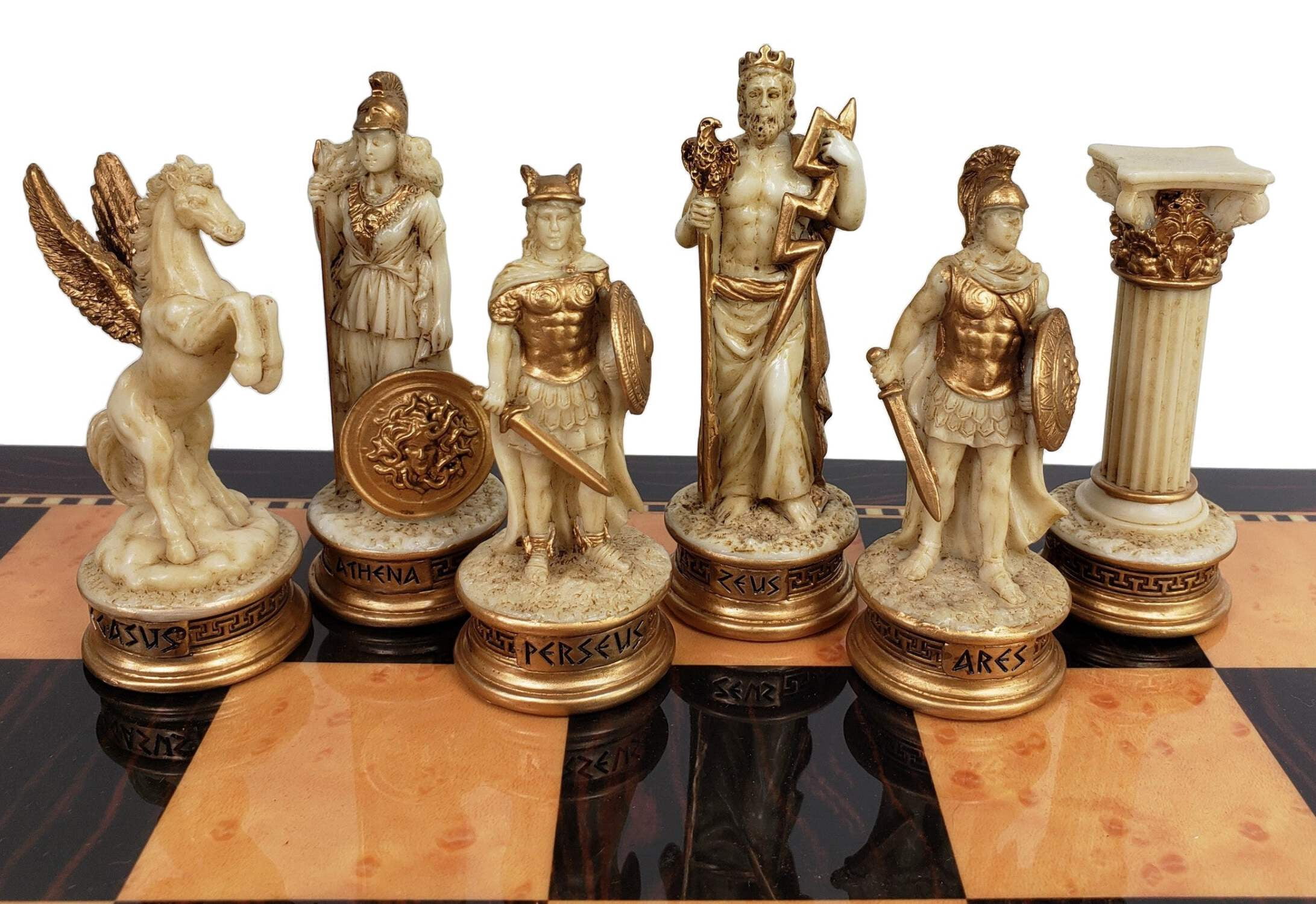 Scacchi Mitologia Greca - Set Con Dei Dell'Olimpo, Bianco E Oro, Re 3 3/8''