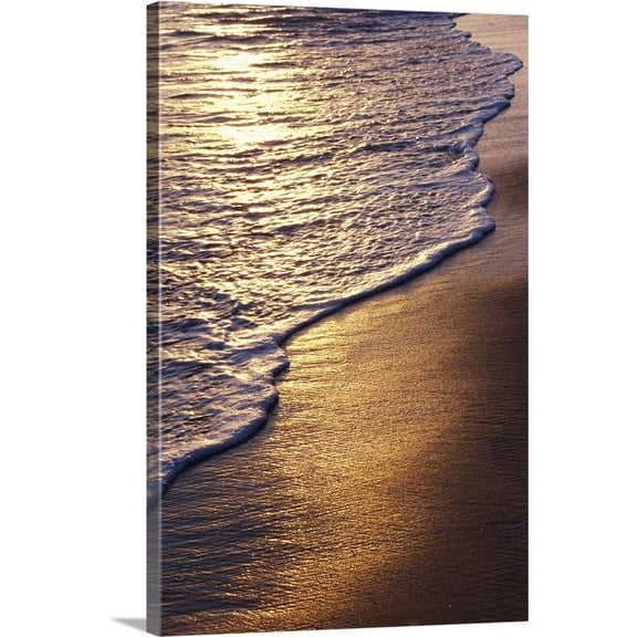 Great BIG Canvas | "Hawaii, Oahu, Golden Sunset Reflections On Ocean Shoreline And Sand" Canvas Wall Art - 24x36