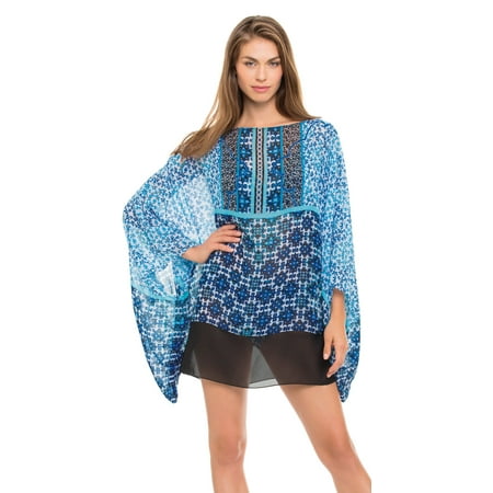 Profile by Gottex Collage Chiffon Kimono Dress E853-3058-086 M / Blue