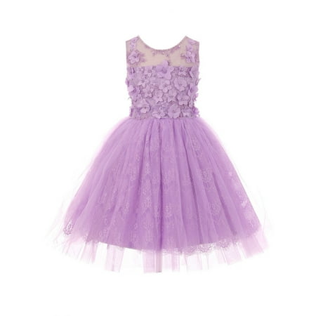 - Girls Lilac 3D Floral Adorned Illusion Tulle Junior Bridesmaid Dress