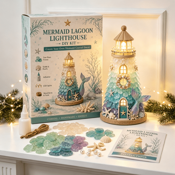 Beginner-Friendly DIY Lighted Sea Glass-Style Lighthouse Kit Collection | Diy Sea Glass Lighthouse Kit With Pieces & Guide, Adults Craft Kit, Handmade home decor Mermaid Lagoon