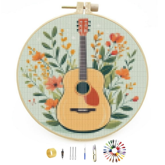 DIY Stamped Cross Stitch Kits Guitar and Flowers Easy for Beginners with Hoop 11CT Counted Embroidery Needlepoint Crafts Arts for Handmade Enthusiasts and Home Decor 30x30cm(6)