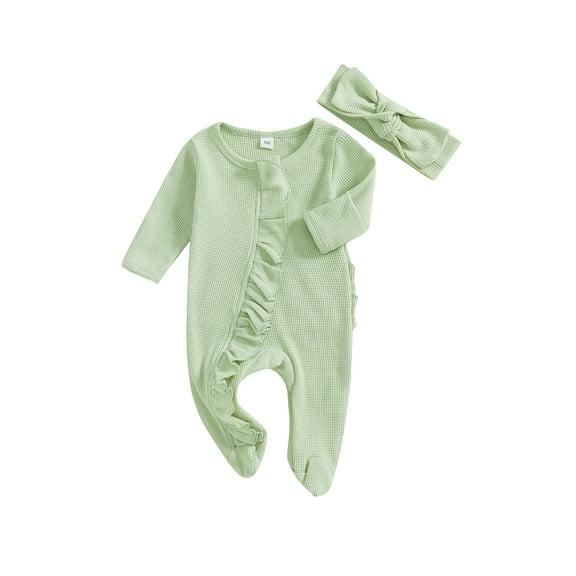 Suealasg Newborn Girls Footie Jumpsuits  Headband Long Sleeve Zipper Full Length Pajamas Rompers 3M 6M 12M Infant Baby Girls Coming Home Outfits
