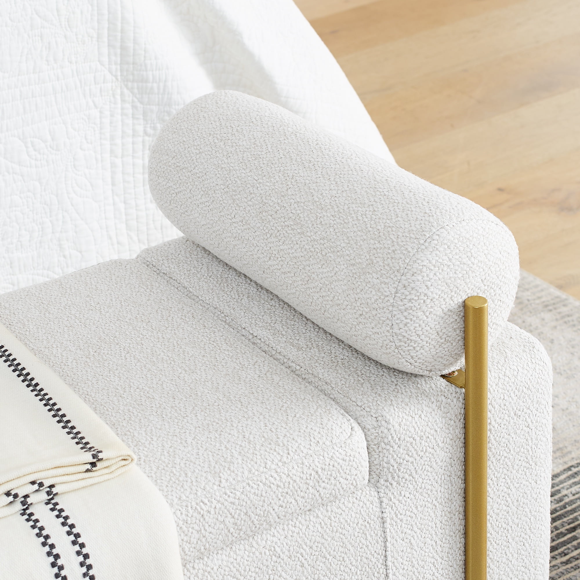 PORKISS 44” Storage Bench, Linen Upholstered Storage Ottoman with Metal Legs, Modern Long End of Bed Seat with Cylindrical Arms for Living Room, Bedroom, Entryway, White