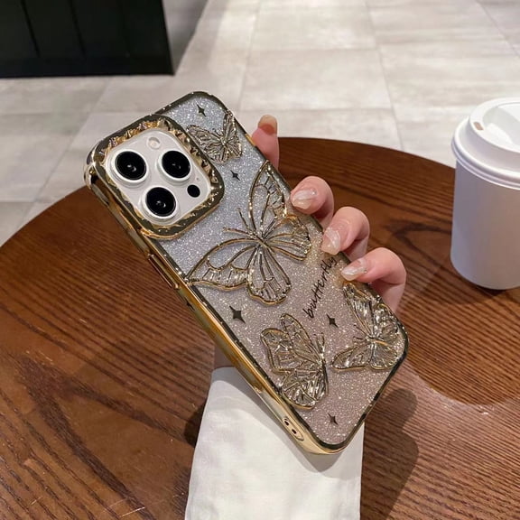 Dteck Butterfly Case for iPhone 15,Shockproof TPU Case with Bling Paper Back Cover for iPhone 15,Gold