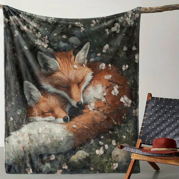 Cozy Vintage Fox & Petal Print Flannel Blanket Soft Warm Throw for Couch Bed Car Office Camping All-Season Gift Suitable for Sofa