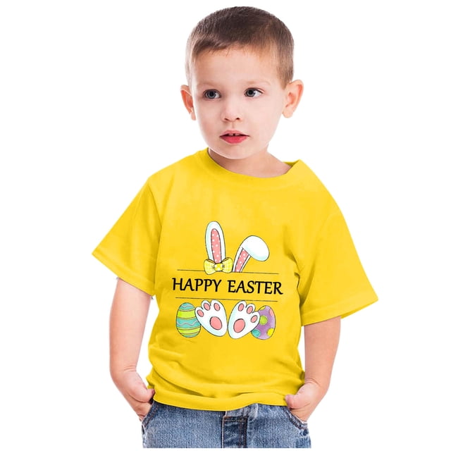 TIMIFIS Cadeaux de Pâques pour Garçon Fille Mignon Imprimé Oreilles d'Œufs Col Rond T-Shirt Manches Courtes Joyeuses Pâques pour Enfants