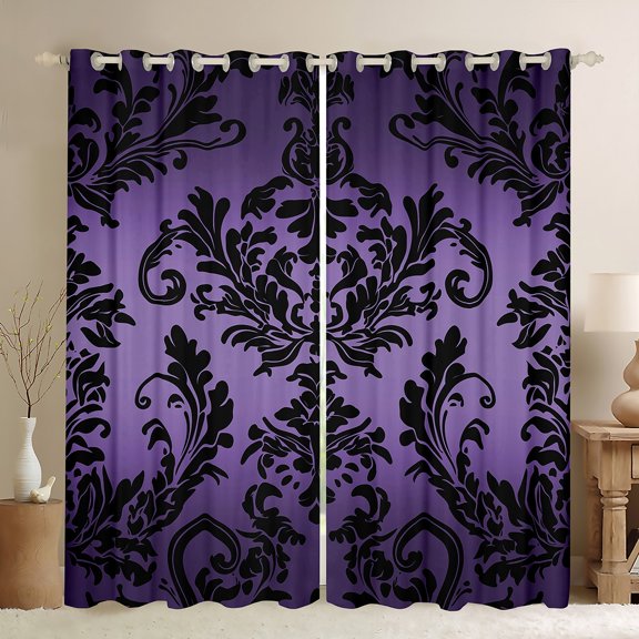 Manfei Vintage Damask Female Blackout Curtains Set of 2 (52x84 Each), Mystic Purple Boho Floral Window Curtains, Southwestern Curtains and Drapes, Curtains and Drapes Decor