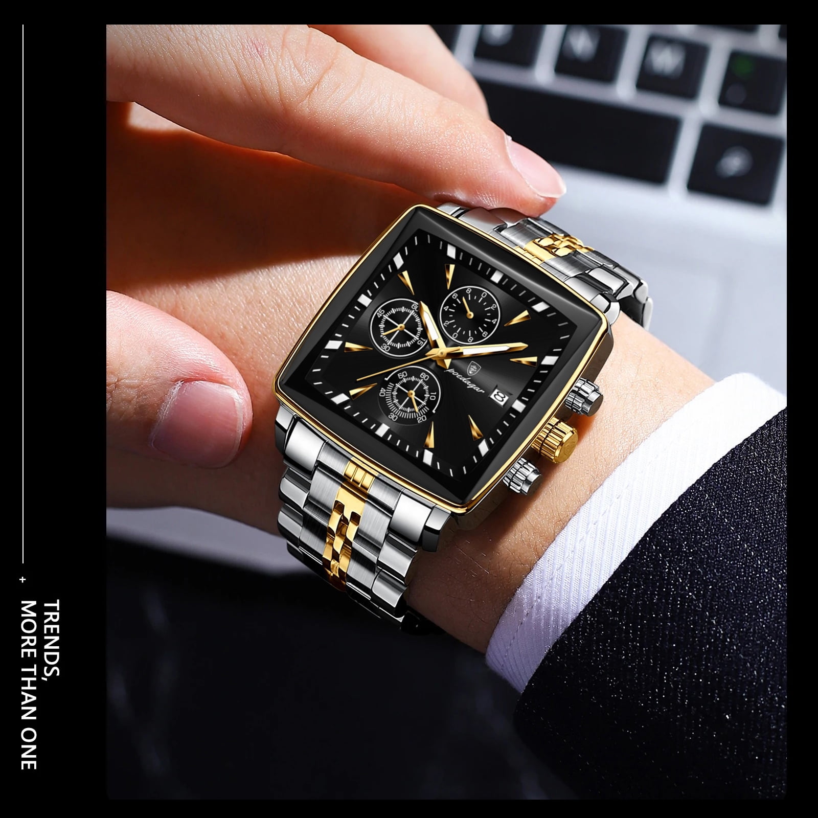POEDAGAR Luxury Square Sport Man Wristwatch Waterproof Chronograph Stainless Steel Quartz Men's Watches