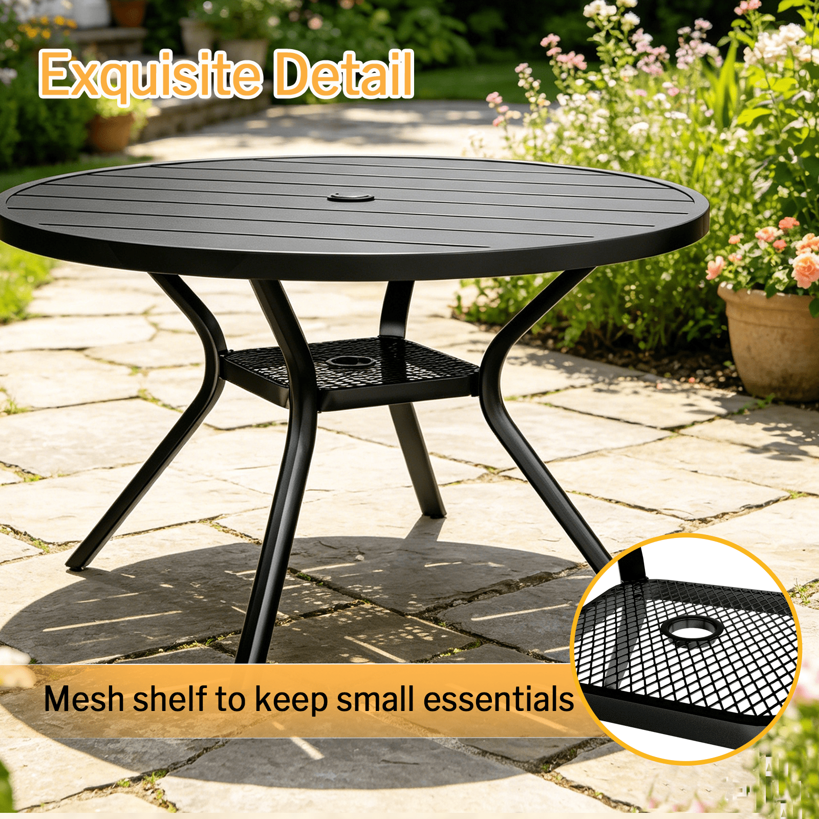 MEOOEM 41-Inch Round Outdoor Patio Dining Table with Umbrella Hole & Mesh Storage Shelf, Sturdy Stable Black Metal 4-Person Outdoor Coffee Table for Garden, Backyard & Deck