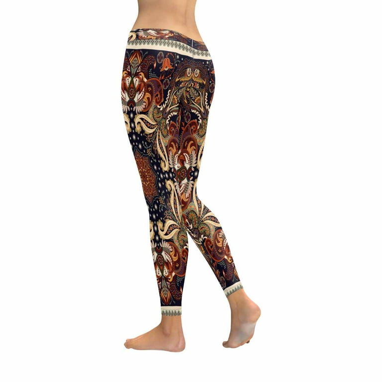 SUNENAT Paisley Floral Ornamental Ethnic Indian Brown Women's Capri Leggings  Stretchy Skinny Yoga Pants S 