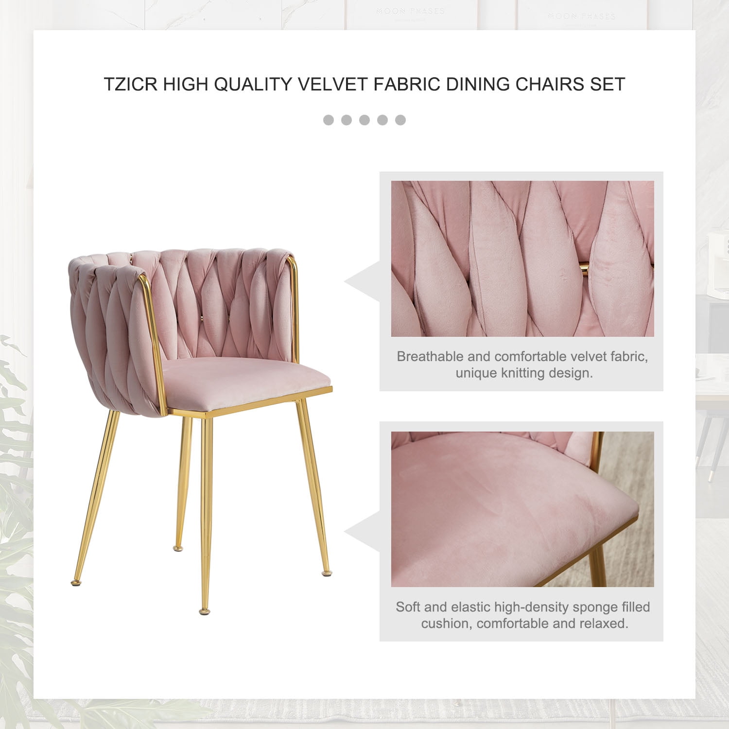 Tzicr Velvet Dining Chairs Set of 6, Modern Woven Upholstered Dining Chairs with Gold Metal Legs,Luxury Tufted Dining Chairs for Living Room, Bedroom, Kitchen (Pink)