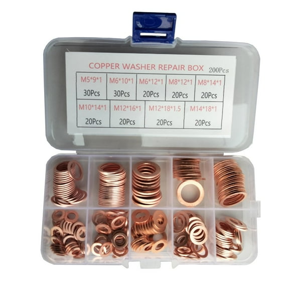 Copper Washer Gasket Set Flat Ring Seal Assortment Kit with Box for Sump