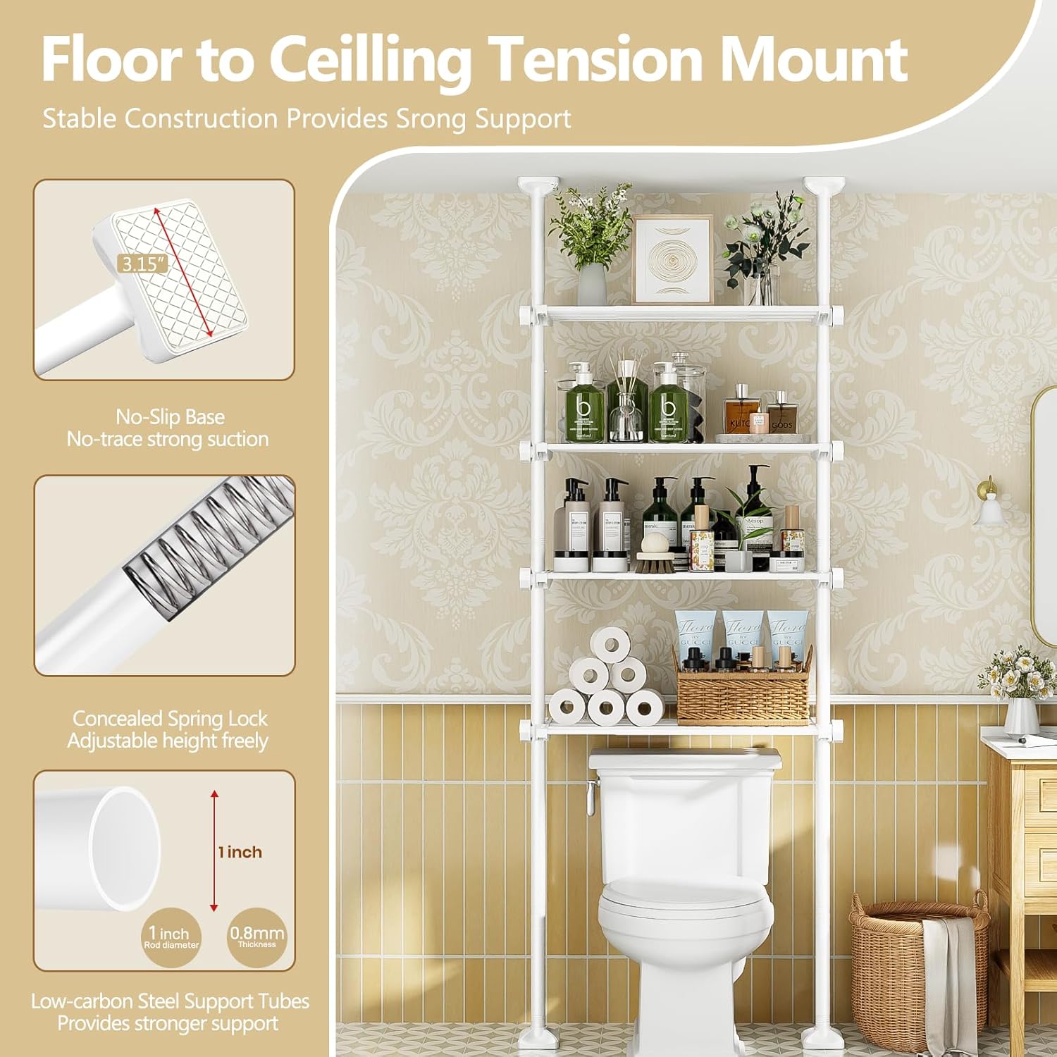 Over The Toilet Storage Shelf 4 Tier Adjustable Tension Mounted Metal Bathroom Organizer White